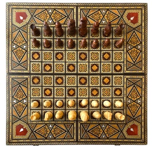 jeu Echecs en Bois  Backgammon Pliant Moyen-Orient, Art damascène  50X50Cm Jeu de société Incrustation de mosaïque avec Nacre