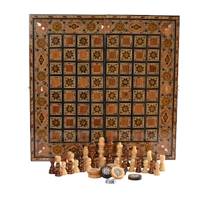 Ensemble d’échecs en Bois 40X40Cm PIÈCES DE Backgammon GRATUITES-Échiquier Pliant, Couvercle de Fermeture Mosaïque Faite à la Main, Cadeau