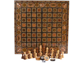 Ensemble d’échecs en Bois 40X40Cm PIÈCES DE Backgammon GRATUITES-Échiquier Pliant, Couvercle de Fermeture Mosaïque Faite à la Main, Cadeau
