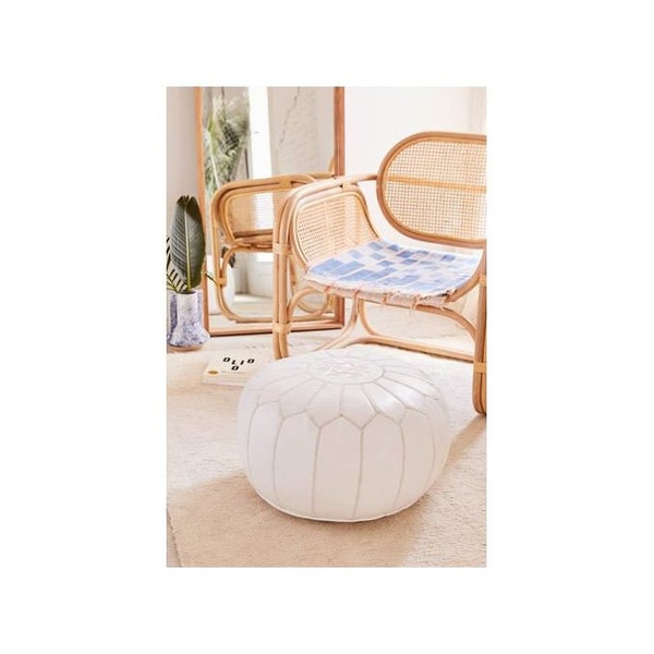 Pouf Artisanal Marocain en Cuir Véritable Fait Main - Coussin de Sol (blanc)