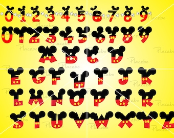 Puede incluir: Conjunto de alfabeto y números de Mickey Mouse en negro y rojo. Las letras y los números están delineados en negro con acentos rojos y blancos. Las letras y los números están en una fuente en negrita y juguetona.