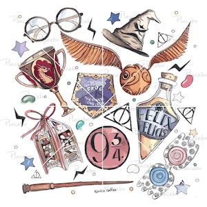 May include: A colorful illustration of various Harry Potter themed items, including a golden snitch, a Hogwarts house cup, a bottle of Felix Felicis, a box of Bertie Bott's Every Flavor Beans, a chocolate frog card, a wand, a Sorting Hat, a pair of glasses, and the number 9 3/4.