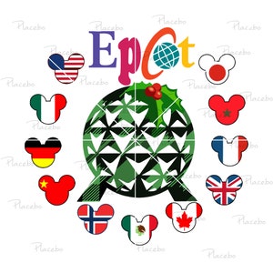 Może przedstawiać: Zielono-czarna kratkowana kula Epcot z ostrokrzewem i jagodami na szczycie. Wokół kuli znajdują się uszy Myszki Miki z flagami różnych krajów, w tym Stanów Zjednoczonych, Włoch, Niemiec, Chin, Norwegii, Meksyku, Kanady, Japonii, Maroka, Francji i Wielkiej Brytanii.