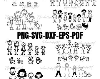 May include: A set of black and white stick figure family illustrations. The illustrations include various family members, pets, and other details. The text "PNG-SVG-DXF-EPS-PDF" is at the bottom of the image.