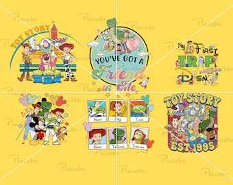 May include: A set of six colorful digital designs featuring characters from the Toy Story franchise. The designs include a retro-style Toy Story logo, a design with the text "You've Got a Friend in Me", a design with the text "My First Trip to Disney", a design with the text "Toy Story Est. 1995", and two designs with images of Toy Story characters in photo frames.