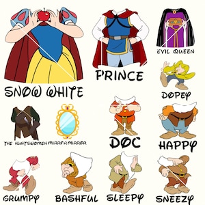 Può includere: Illustrazioni di cartoni animati con personaggi di Biancaneve. Include Biancaneve, Principe, Regina Cattiva, Dopey, Doc, Happy, Grumpy, Bashful, Sleepy e Sneezy. I testi "Snow White", "Prince" e i nomi dei personaggi sono visualizzati.