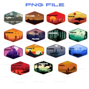 May include: A set of 16 colorful hexagonal stickers featuring Star Wars planets. Each sticker has a silhouette of the planet with its name in white text. The planets include Alderaan, Tatooine, Coruscant, Bespin, Geonosis, Felucia, Dagobah, Endor, Naboo, Yavin IV, Kamino, Hoth, Mustafar, Kashyyyk, and Jakku.