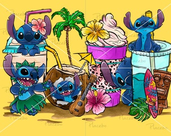 Stitch Coffee Cups PNG: Western Sublimation Design (Digital Download)