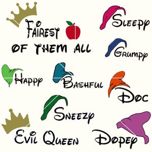 Può includere: Grafica digitale con testo e illustrazioni della fiaba di Biancaneve. Le parole "Fairest of Them All" sono sopra i nomi dei sette nani: Sleepy, Grumpy, Happy, Bashful, Doc, Sneezy e Dopey, più la Regina Cattiva.