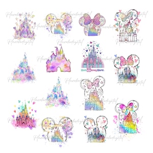 Aquarel kasteel prinses png - retro kleurrijk kasteel png,magisch koninkrijk kasteel png,muisoren kasteel png, prinsessenkasteel png bundel,