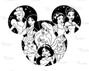 Toda la princesa SVG, cabeza de ratón SVG, princesa SVG, archivo de corte de vinilo, svg, pdf, jpg, png, archivo de diseño imprimible Ai