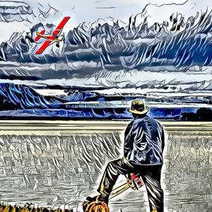 Könnte beinhalten: Künstlerische Darstellung einer Person, die ein rotes und gelbes Flugzeug betrachtet, das über eine Bergkette fliegt. Die Person trägt einen Hut, eine Jacke und eine Hose. Der Himmel ist mit dunklen Wolken gefüllt.