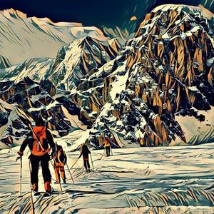 May include: An artistic rendering of a mountain range with snow-covered peaks. Several people are hiking across a snowy plain, wearing backpacks and using trekking poles. The image has a stylized, painterly effect with a muted color palette.