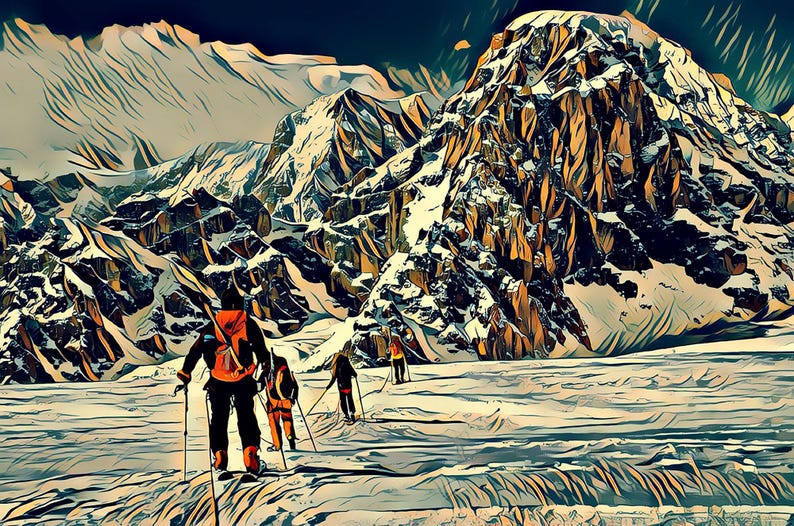 Puede incluir: Representaci&oacute;n art&iacute;stica de una cordillera con picos nevados. Varias personas caminan por una llanura nevada, con mochilas y bastones de trekking. La imagen tiene un efecto estilizado y pict&oacute;rico con una paleta de colores apagados.
