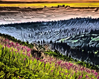 Un paseo por el jardín. Tarjeta de notas de arte de Alaska. 12,7 x 18,8 cm. Interior en blanco. Alaska, follaje, alce, epilobio, colorido.