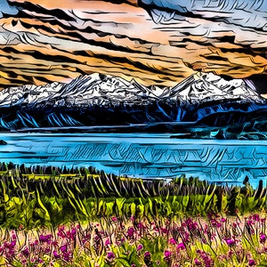 Alaskan Art, Wall Art, Giclee, Canvas, Fireweed, Outdoor, Alaska, Kenai, mountains, flowers, lake,  Skilak Lake, landscape, sunset