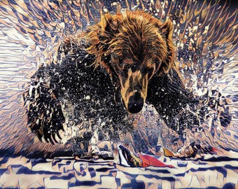 Gotcha!  Alaskan Fine Art Notecard. 5" x 7"  Blank inside. Alaska, Bear, Fish, Summer, Alaska, Wildlife, exciting, Greeting Card