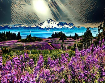 Fireweed Redoubt. Tarjeta de notas de arte de Alaska. 12,7 x 18,8 cm. Interior en blanco. Alaska, volcán, fireweed, Monte Redoubt, saludo, flores, montañas.