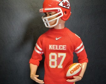 Handmade doll clothes: Kansas city chiefs #87 NFL Kelce uniform 1/6 scale and Riddell helmet sold separate