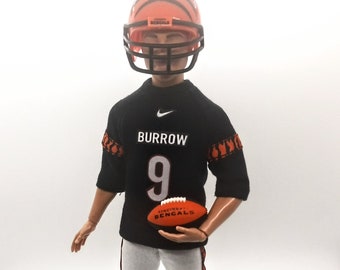 Handmade Ken doll clothes: Cincinnati Bengals #9 Burrow NFL football uniform 1/6 scale and Mighty helmet (sold separate)