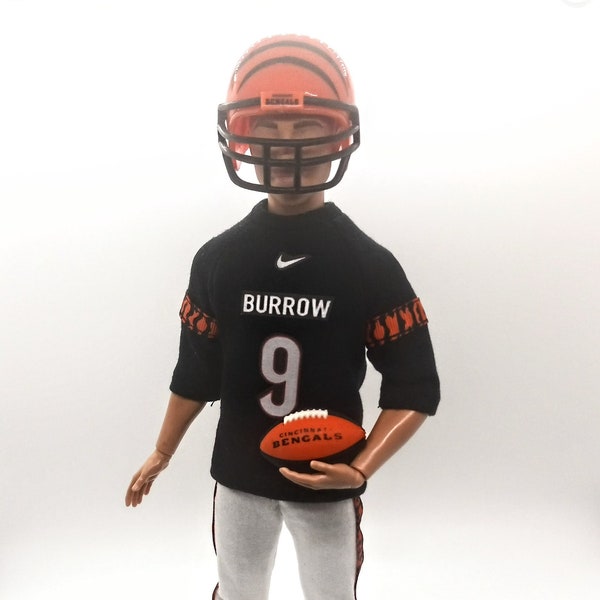 Handmade Ken doll clothes: Cincinnati Bengals #9 Burrow NFL football uniform 1/6 scale and Mighty helmet (sold separate)