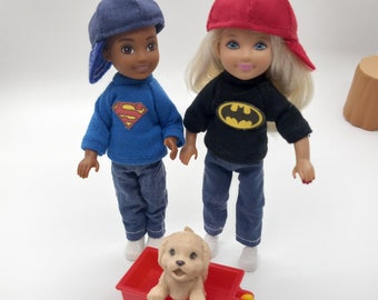 Handmade 5.5" fashion girl boy doll clothes: super hero character t-shirt, boy doll t-shirt,  jeans, little brother sister