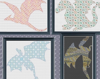 Ensemble de motifs de point de croix Blackwork Dragons élémentaires (4 fichiers PDF)
