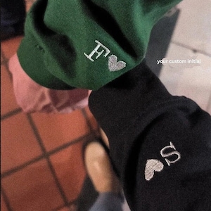 Custom Embroidered Initial Heart Sweatshirt Matching Couple Hoodie Custom Initial on Sleeve Sweatshirt Valentines Gift