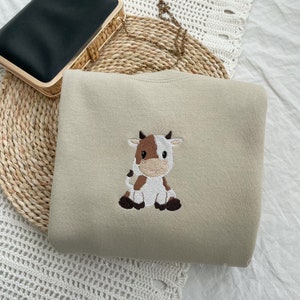 Cow Embroidery Sweatshirt Embroidered Farm Animal Crewneck Moo Gift Cute Cattle Lover Hoodie