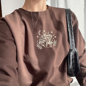 Embroidered Mushroom Sweatshirt Cottagecore Sweatshirt Moon Sweater Gift for Mushrooms Lovers Retro Sweatshirt