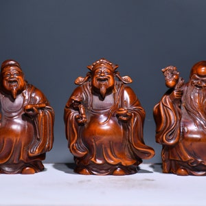 Chinese folk collection of hand-carved boxwood Fu Lu Shou statue