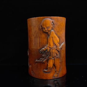 Chinese Antique Hand Carved Bamboo Pen Holder with Children and Animal Patterns