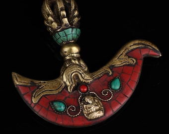 Old Tibetan Xizang collects old pure copper, and purely handmade jewel inlaid Dorje Vajra axe magic tool