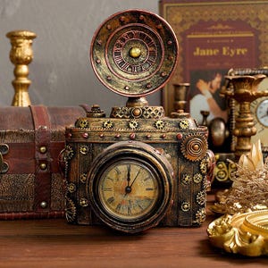 Puede incluir: Un reloj de estilo vintage con forma de cámara con un acabado dorado y marrón. La esfera del reloj tiene números romanos y una aguja dorada. El objetivo de la cámara es una pieza separada y tiene un acabado dorado.