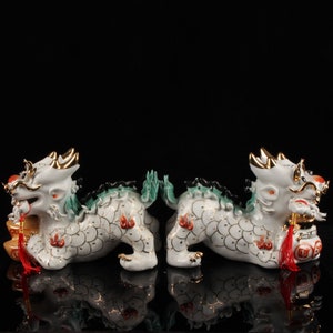 Pair of statues of painted unicorns on ceramics in Jingdezhen, China