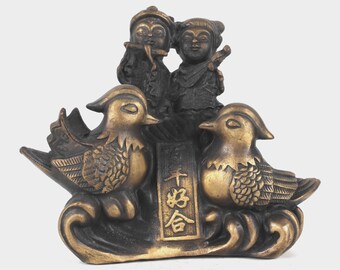 Folk collection hand-carved brass centuries-old good mandarin duck statue