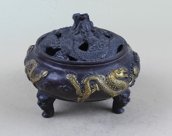 Chinese folk collection handmade gilt bronze double dragon play pearl incense burner Qianlong W mark