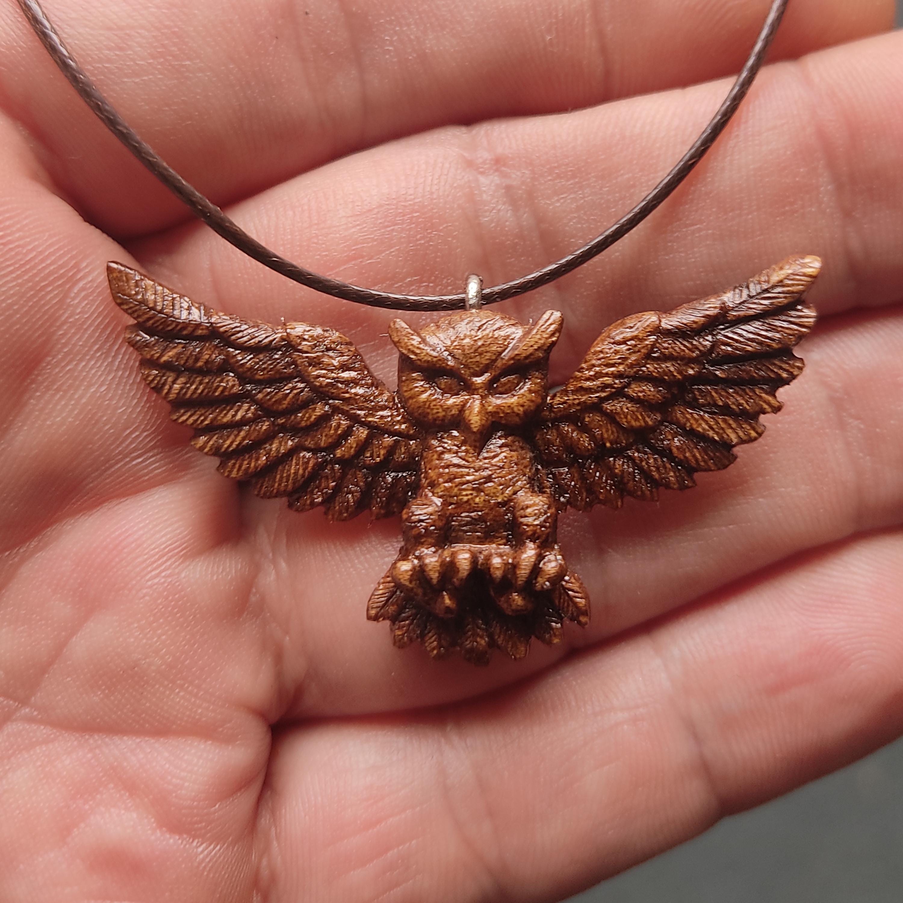 Hand Carved Walnut Wood Owl Necklace: Unique Statement Pendant