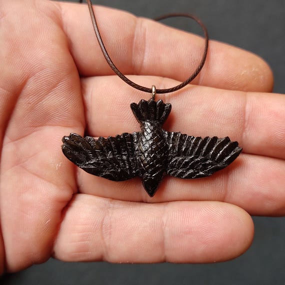 Bog Oak Crow Pendant: Hand Carved Wooden Statement Necklace