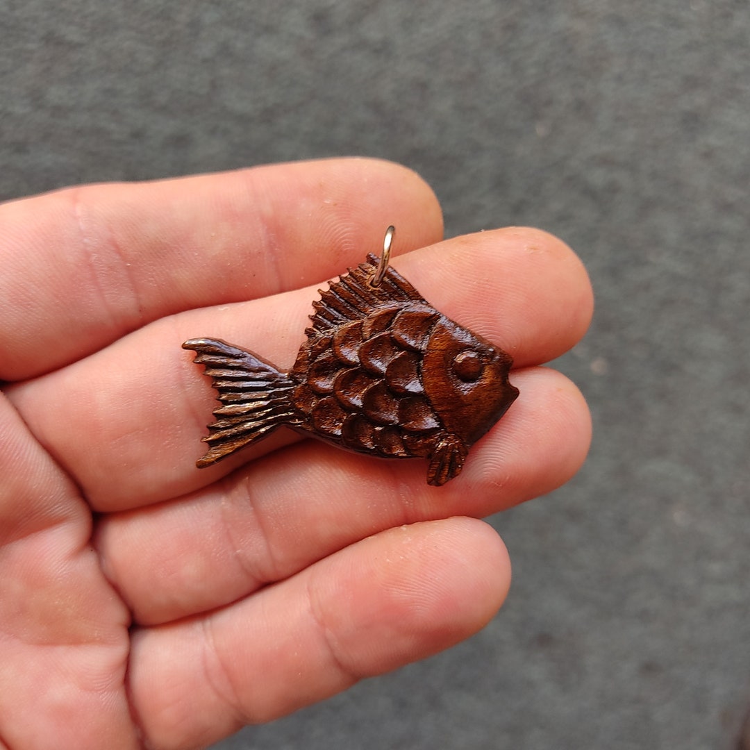 Brown - Fish - Fine Hand Carved Kadam Wooden Pendant Necklace