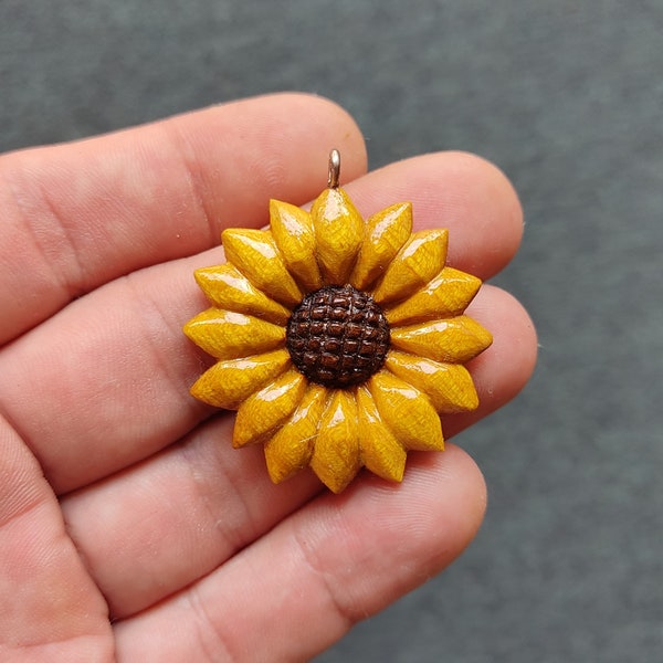 Sunflower Necklace-Wooden Necklace-Hand Carved-Eco Friendly-Wood Carving Pendant for Her-Statement Necklace-Organic-Natural-One of a Kind