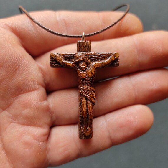 Hand Carved Walnut Wood Jesus Cross Pendant Necklace - Etsy