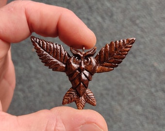 Fantasy Owl with Leave Wings-Wooden Necklace-Hand Carved-Eco Friendly-Wood Carving Pendant for Her-Statement Necklace-Organic-Natural-Unique