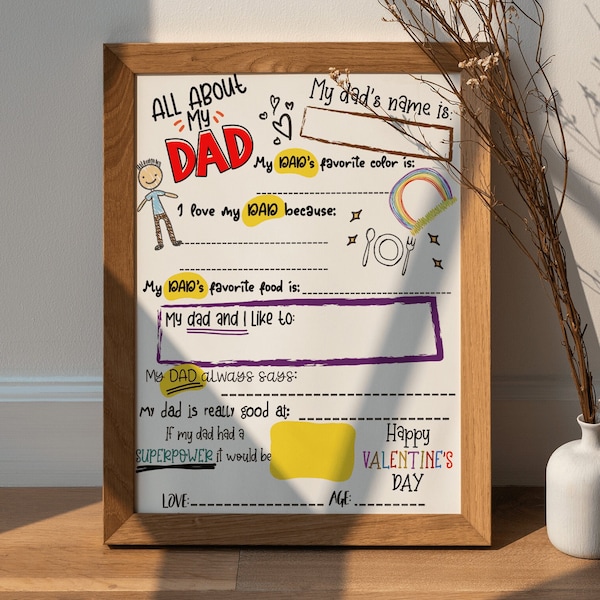 All About My Dad Printable, Happy Valentine's Day Gift For Dad, Personalized Valentine's Gift From Children Gift From kids Keepsake Gift.