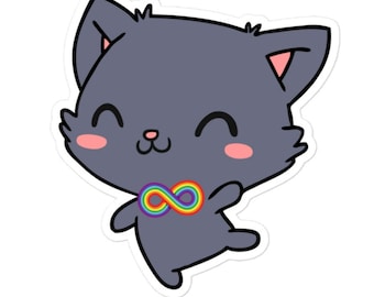 以下が含まれることがあります： 首に虹色の無限大のシンボルをつけた灰色の猫の漫画イラスト。猫は笑顔で、頬はピンク色です。