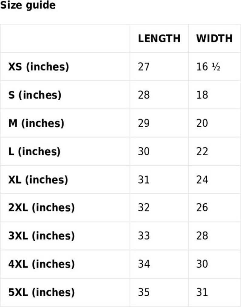 Op de afbeelding: Maattabel voor kleding met metingen in inches. De tabel toont de lengte en breedte van verschillende maten, van XS tot 5XL.