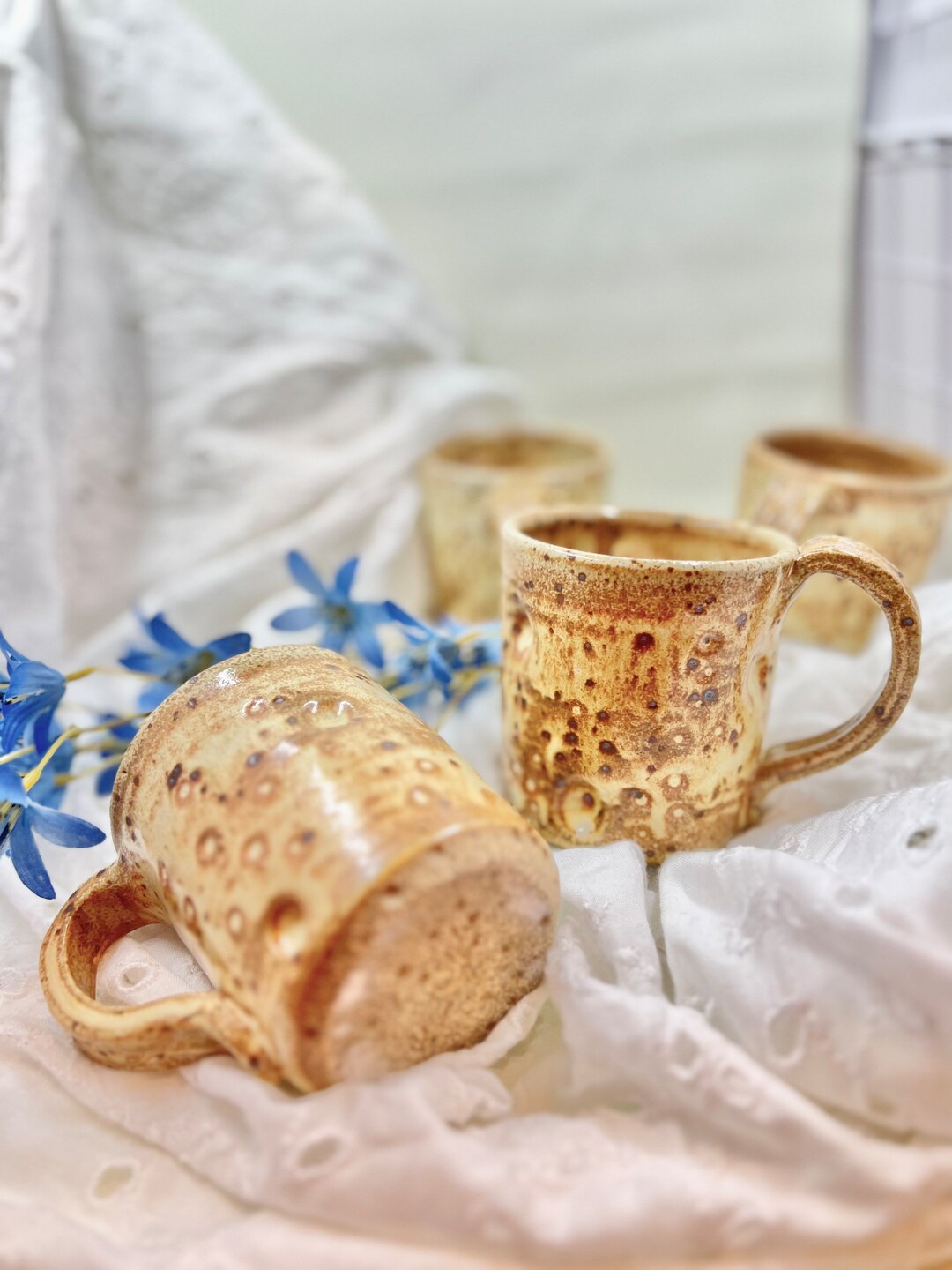 Moon Cups, Mediumsized Handmade Brown Yellow Moon Cups With Pressedin