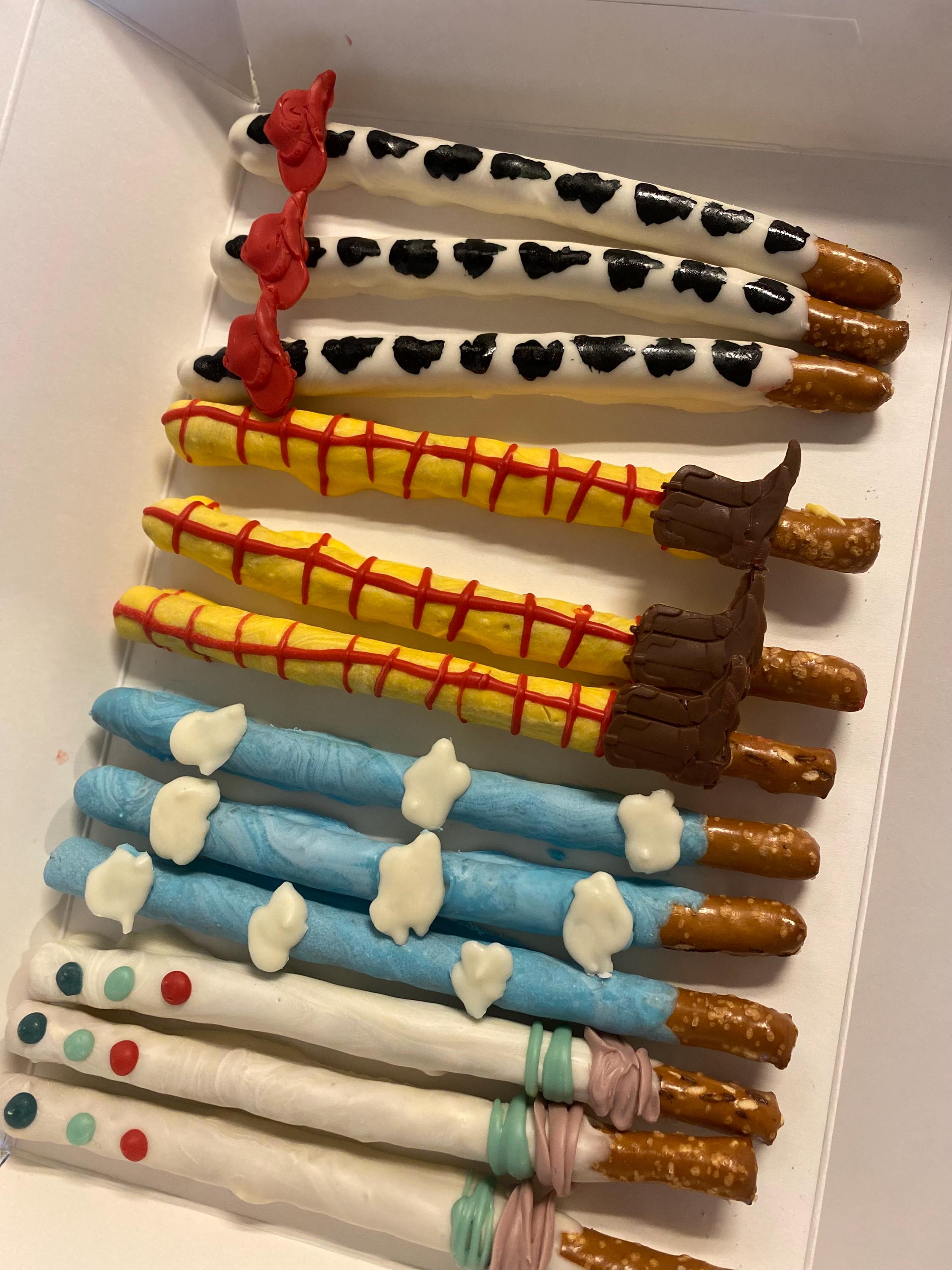 Toy Story theme chocolate covered pretzels