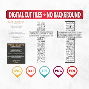 May include: Digital cut files with the text "PADRE NUESTRO" in multiple styles, including a cross-shaped design. File formats include SVG, DXF, EPS, PNG, and PDF. The text is in Spanish.