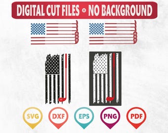 May include: Digital cut files featuring American flag designs with golf clubs. The designs include the text "DIGITAL CUT FILES • NO BACKGROUND" and file type icons for SVG, DXF, EPS, PNG, and PDF.